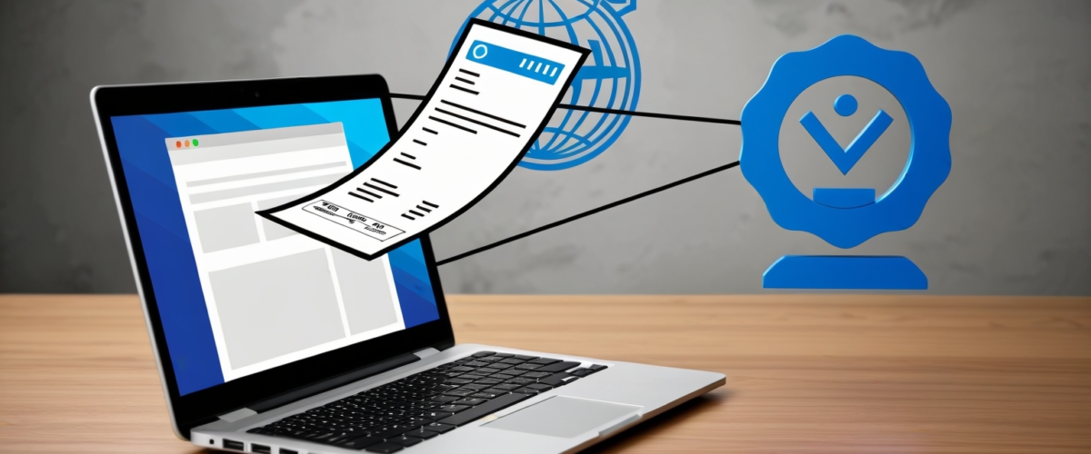"Un ordenador portátil emitiendo una factura digital que vuela hacia un símbolo de la Agencia Tributaria, simbolizando la conexión entre empresas y el sistema Verifactu "