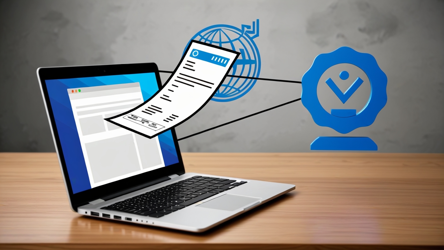 Verifactu, obligado a ser implementado en julio de 2025, todo lo que tienes que saber "Un ordenador portátil emitiendo una factura digital que vuela hacia un símbolo de la Agencia Tributaria, simbolizando la conexión entre empresas y el sistema Verifactu "