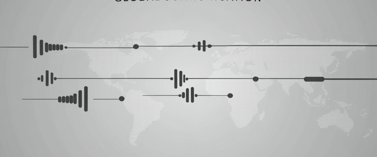 A minimalist and elegant image representing a global communication theme, featuring abstract shapes of audio waves connected around the globe with a tech feel  No text in the image 
