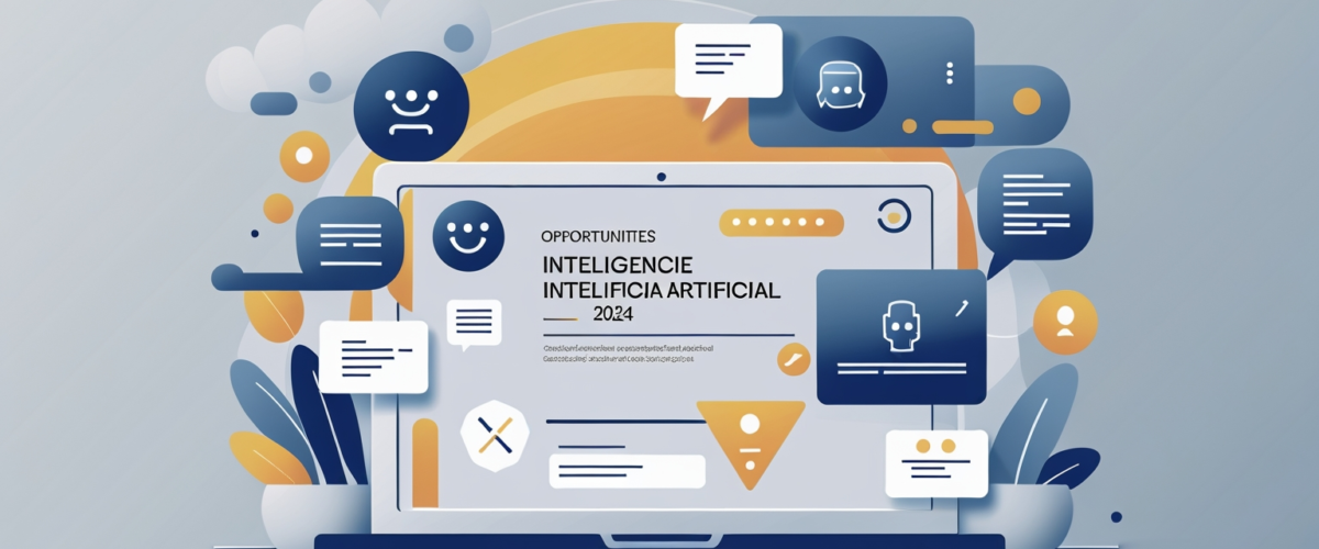 Ilustración minimalista representando las tendencias de inteligencia artificial aplicadas a negocios en 2024, incluyendo asistentes virtuales, chatbots y marketing automatizado 