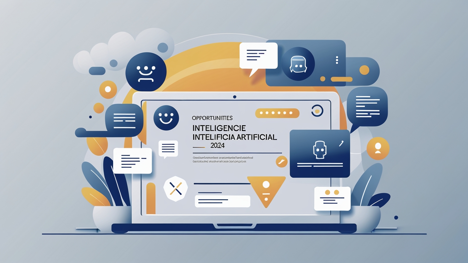 Descubre las 3 Mejores Oportunidades de Negocios con Inteligencia Artificial para 2024 Ilustración minimalista representando las tendencias de inteligencia artificial aplicadas a negocios en 2024, incluyendo asistentes virtuales, chatbots y marketing automatizado