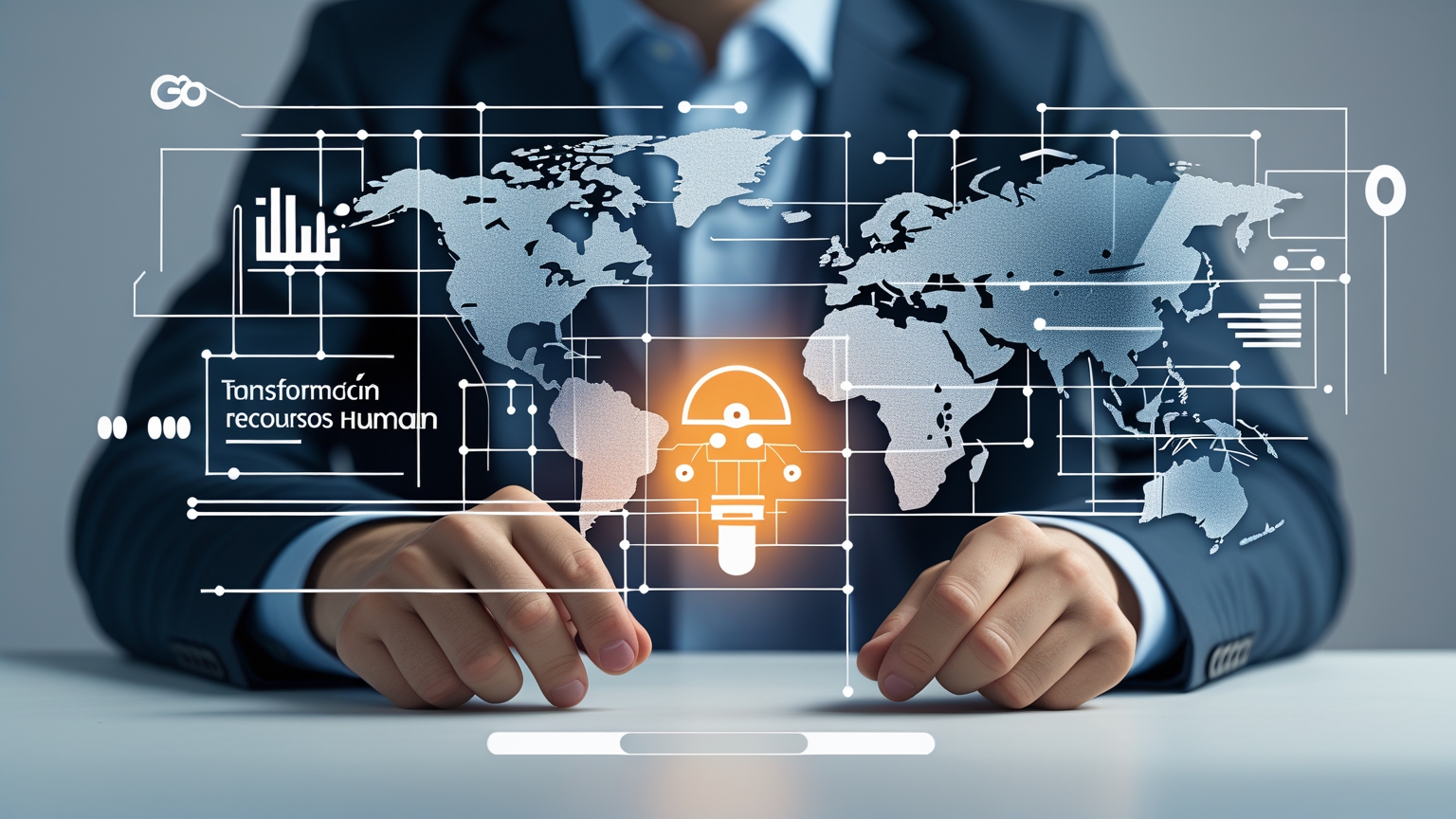 El Impacto de la Inteligencia Artificial en el Ámbito Laboral y Recursos Humanos Gráfico minimalista que ilustra la integración de la IA en el entorno laboral y la gestión de recursos humanos, destacando eficiencia y personalización