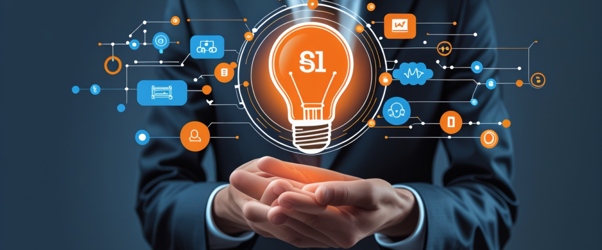 Ilustración minimalista que representa la integración de inteligencia artificial en procesos empresariales, destacando eficiencia y transformación digital 