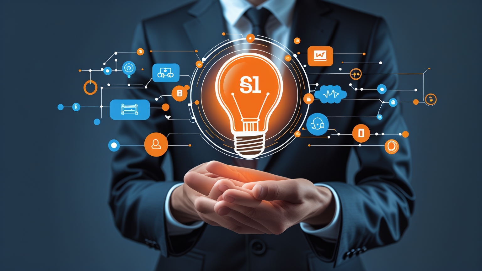 Ilustración minimalista que representa la integración de inteligencia artificial en procesos empresariales, destacando eficiencia y transformación digital 
