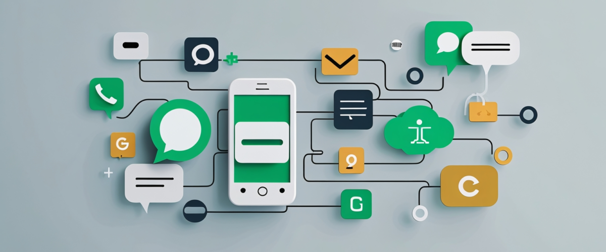 Ilustración minimalista que simboliza la comunicación instantánea y directa a través de un canal de WhatsApp en un entorno empresarial 