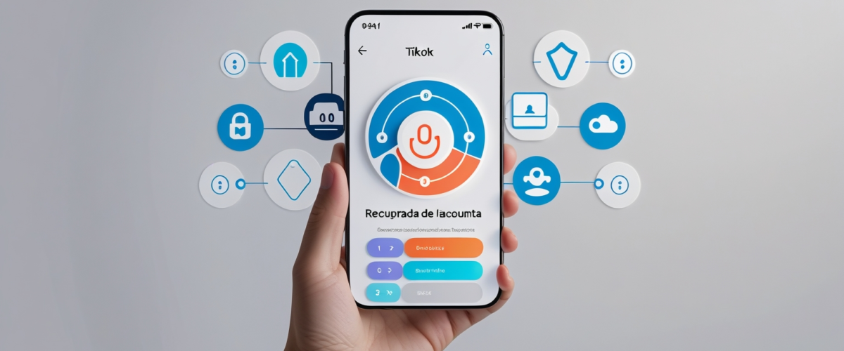 Imagen minimalista que ilustra el proceso de recuperación de cuenta en TikTok mediante íconos de seguridad y pasos, en colores neutros y sin texto 
