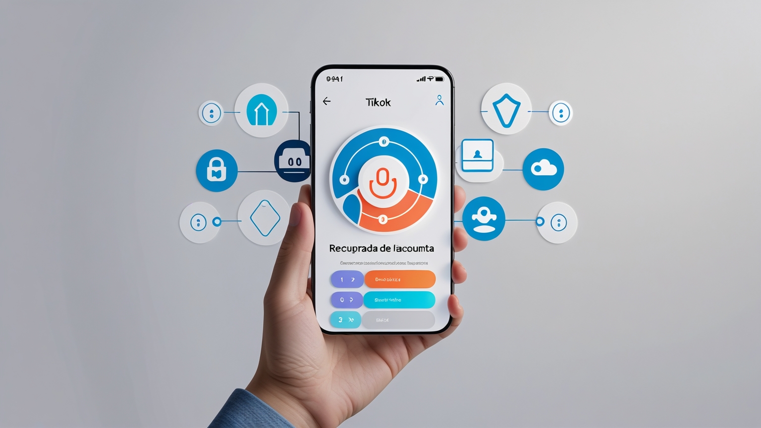 Guía Paso a Paso para Recuperar tu Cuenta de TikTok y Mantenerla Segura Imagen minimalista que ilustra el proceso de recuperación de cuenta en TikTok mediante íconos de seguridad y pasos, en colores neutros y sin texto