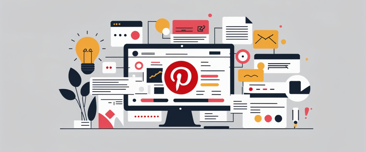Ilustración minimalista que muestra estrategias de marketing para potenciar la presencia de empresas en Pinterest 