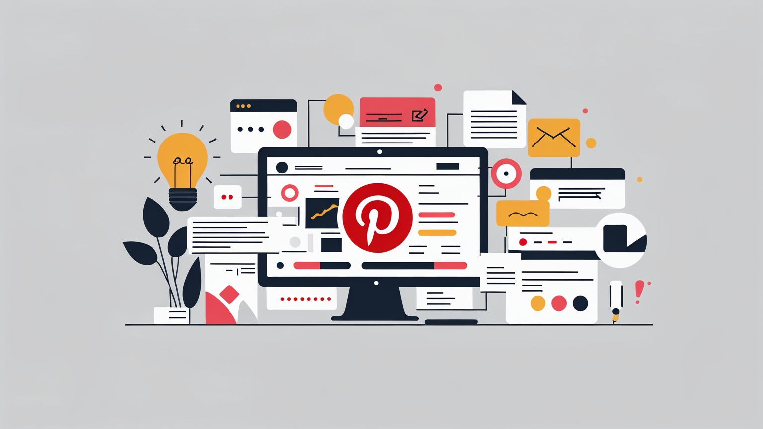 Pinterest para empresas: Cómo impulsar tu presencia online Ilustración minimalista que muestra estrategias de marketing para potenciar la presencia de empresas en Pinterest