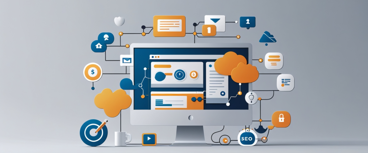 Ilustración minimalista que refleja profesionalismo y presencia digital, enfatizando la credibilidad y alcance global de una página web 