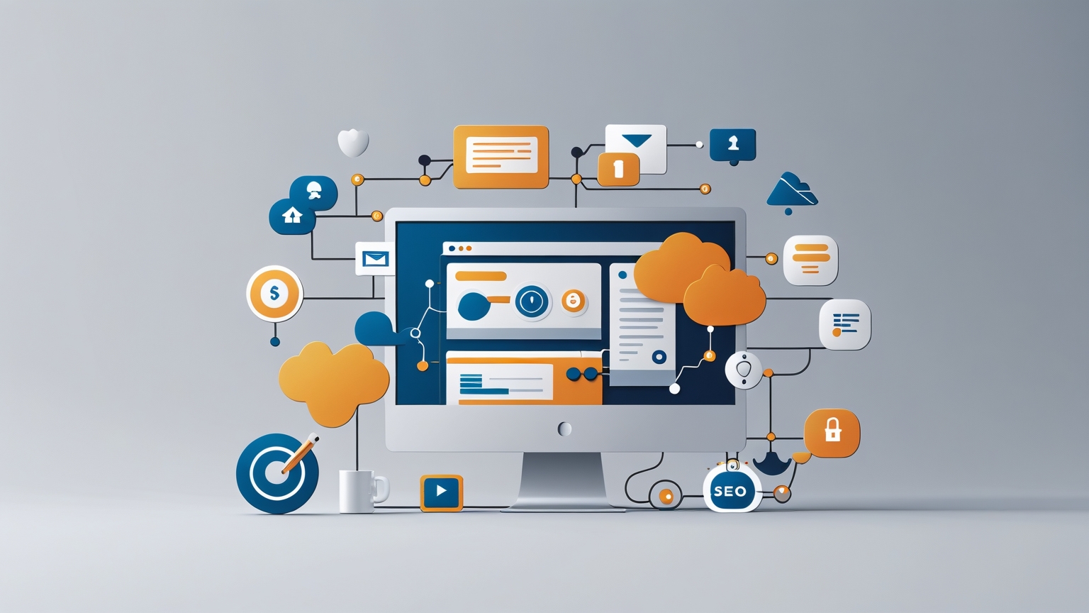 Ilustración minimalista que refleja profesionalismo y presencia digital, enfatizando la credibilidad y alcance global de una página web 
