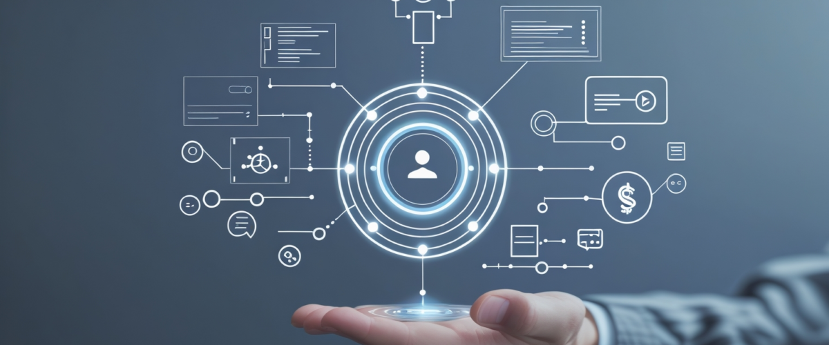 Imagen minimalista y abstracta que representa la integración de la inteligencia artificial en el marketing digital, con elementos modernos y equilibrados 