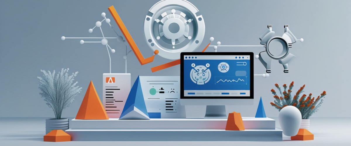 Imagen minimalista que muestra la intersección de tecnología IA y marketing digital, destacando el análisis de datos y optimización en búsquedas sin elementos distractores 