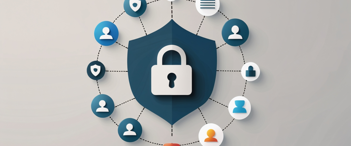 Imagen minimalista que simboliza la seguridad en redes sociales con íconos de privacidad y protección digital 