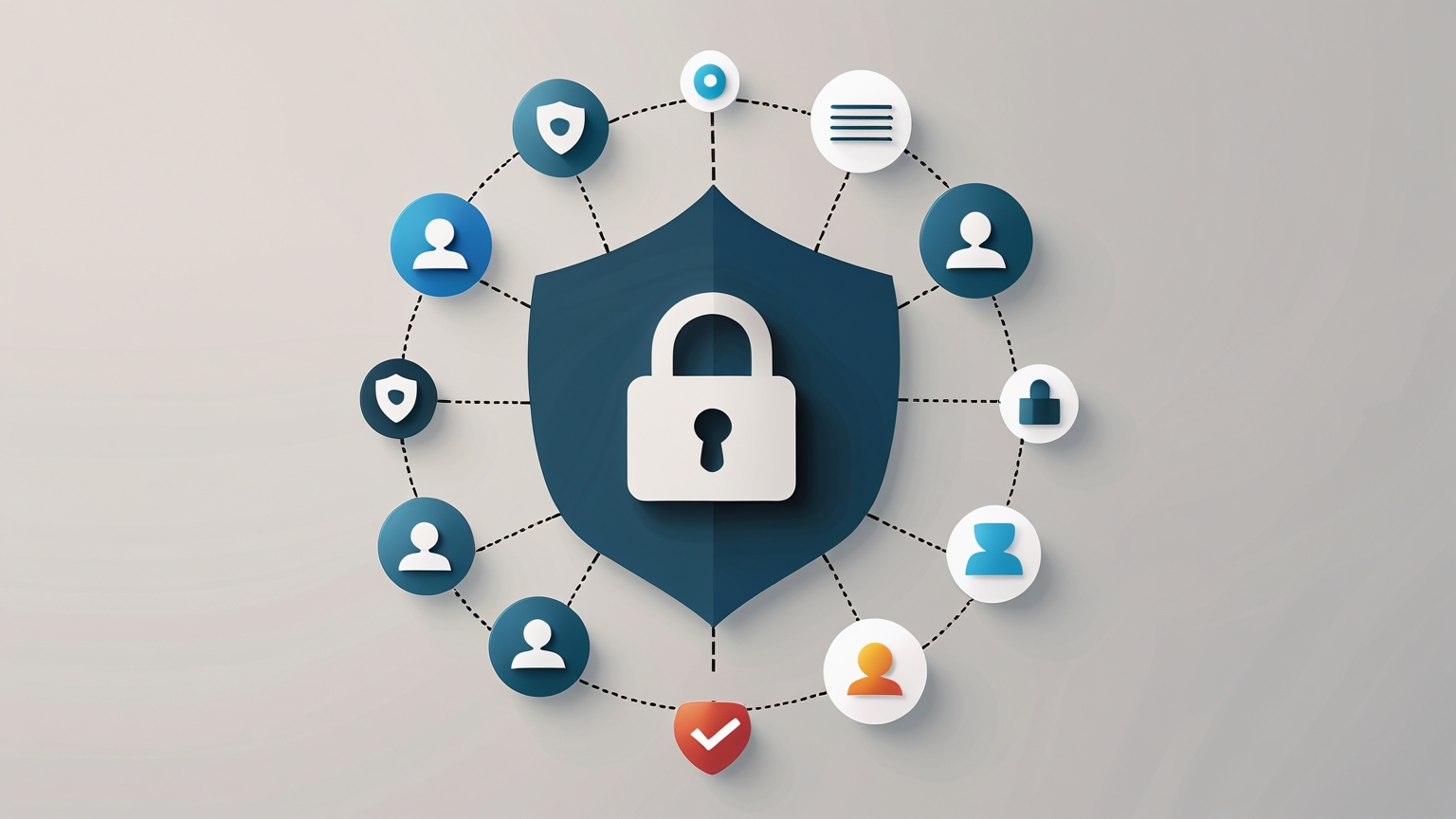 Imagen minimalista que simboliza la seguridad en redes sociales con íconos de privacidad y protección digital 