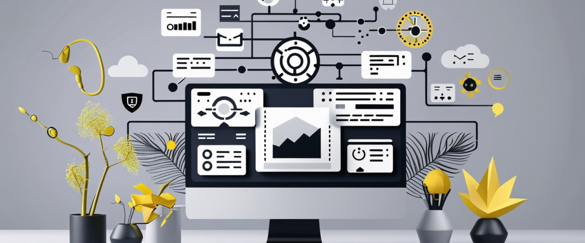Ilustración minimalista que simboliza la integración de IA y automatización en estrategias de marketing digital, con un diseño elegante y sin elementos recargados 