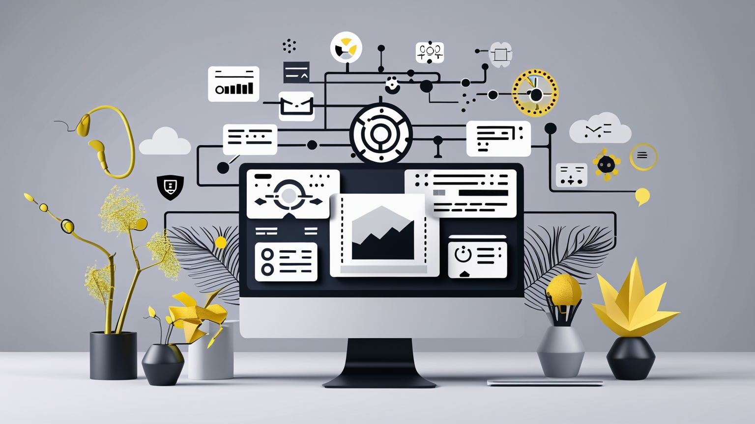 Ilustración minimalista que simboliza la integración de IA y automatización en estrategias de marketing digital, con un diseño elegante y sin elementos recargados 